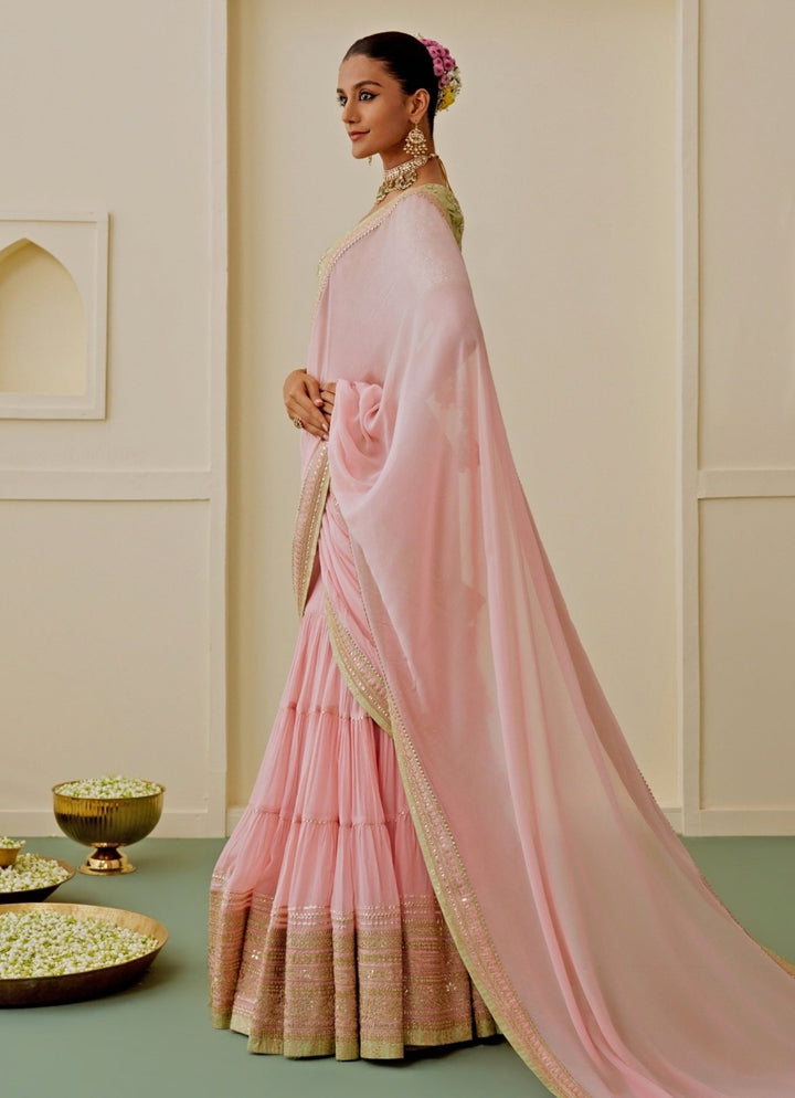 Gopi Vaid Blush Pink Georgette Pre-Draped Saree SetFabilicious Fashion
