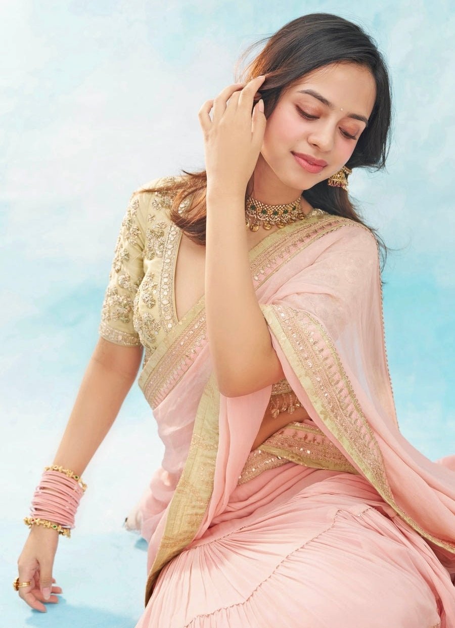 Gopi Vaid Blush Pink Georgette Pre-Draped Saree SetFabilicious Fashion
