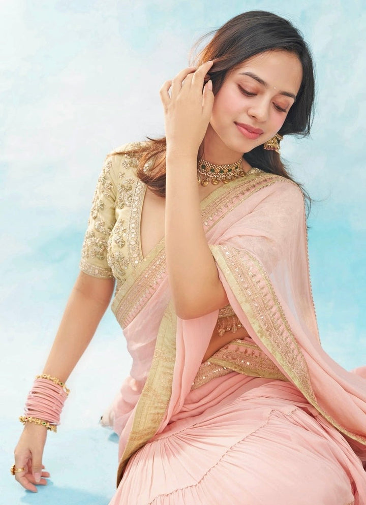 Gopi Vaid Blush Pink Georgette Pre-Draped Saree SetFabilicious Fashion