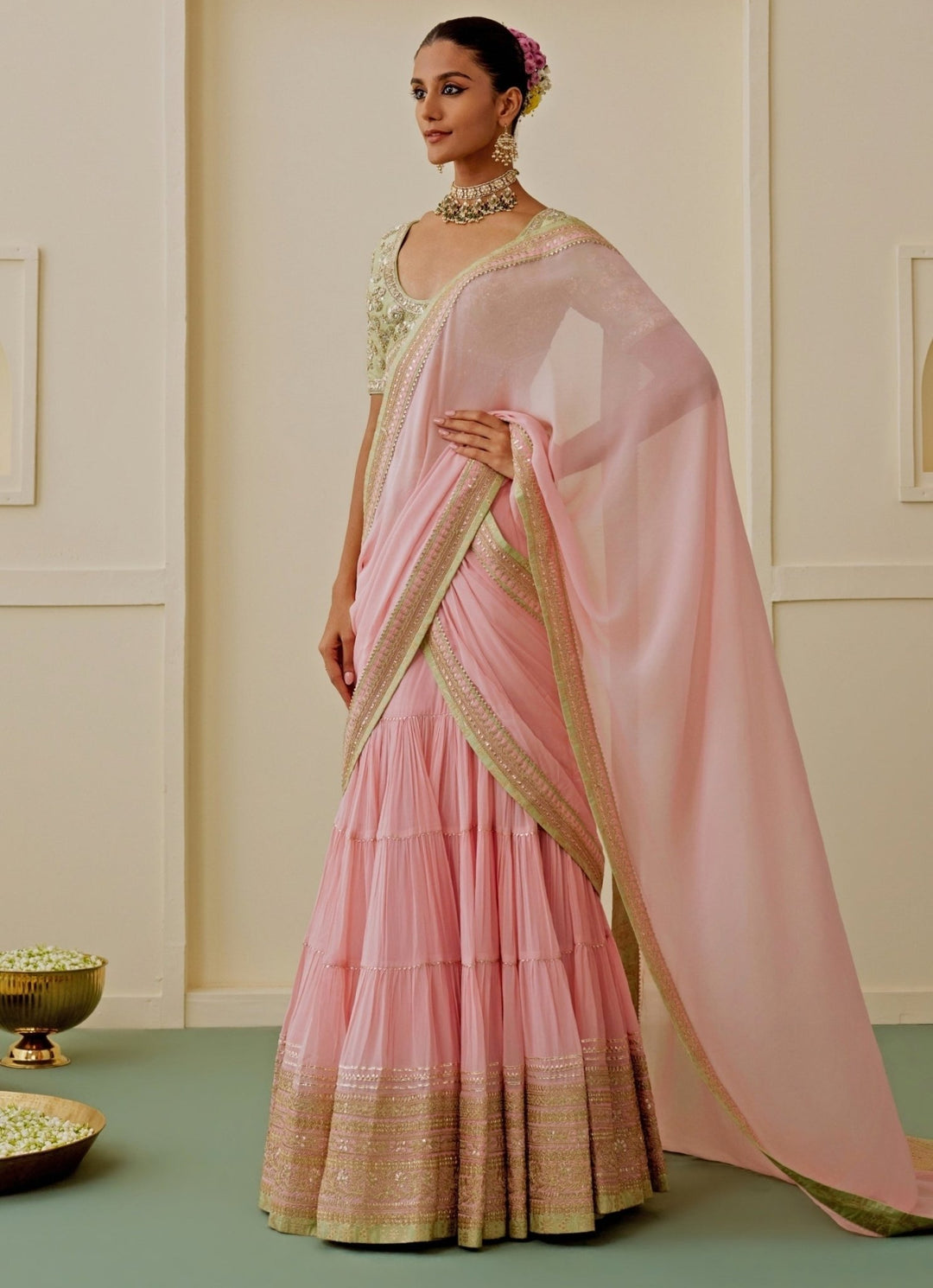 Gopi Vaid Blush Pink Georgette Pre-Draped Saree SetFabilicious Fashion
