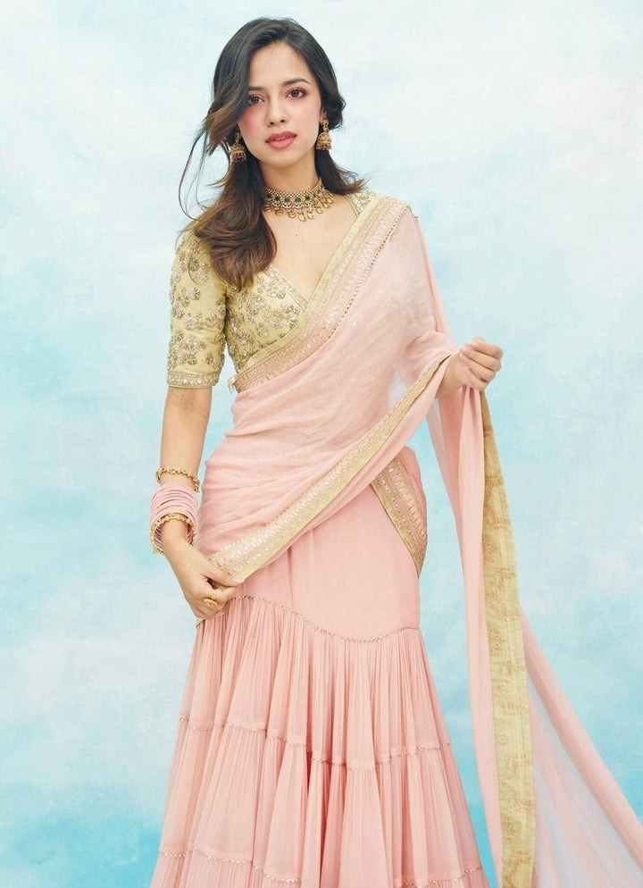 Gopi Vaid Blush Pink Georgette Pre-Draped Saree SetFabilicious Fashion