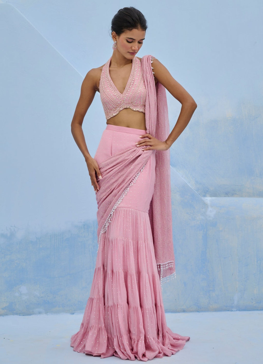 Blush Pink Georgette Predraped Saree Set Chamee and Palak - Fabilicious Fashion