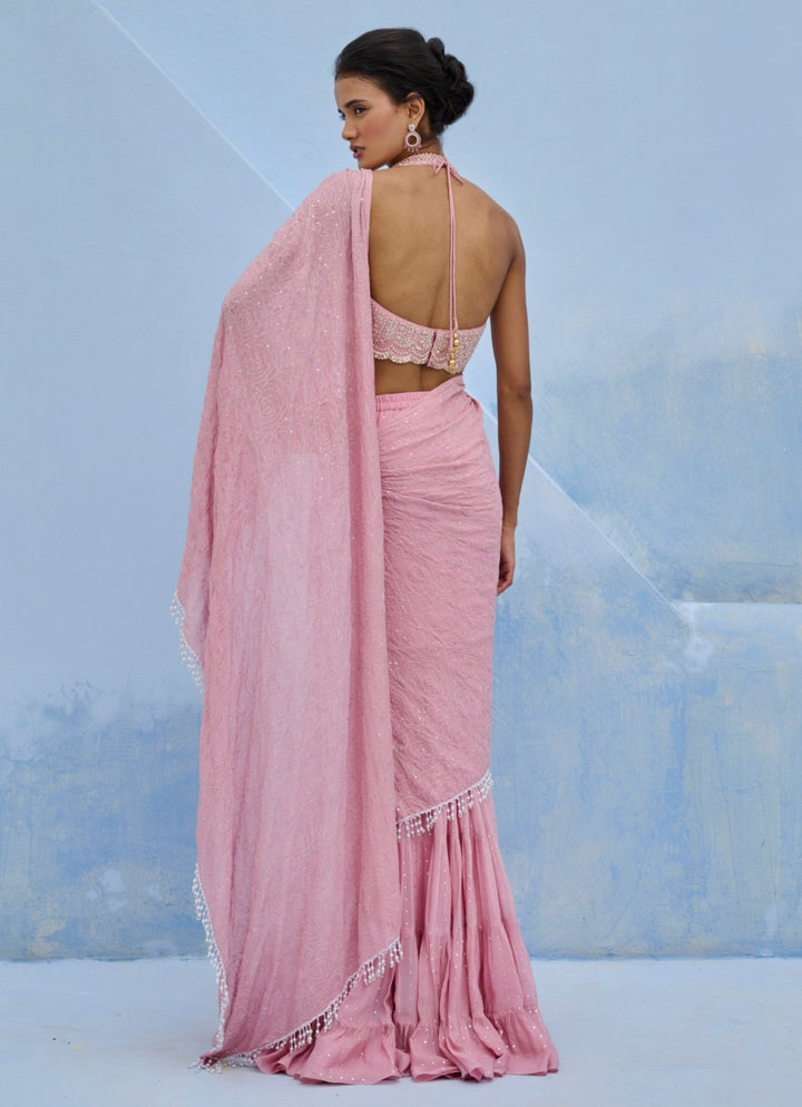 Blush Pink Georgette Predraped Saree Set Chamee and Palak - Fabilicious Fashion