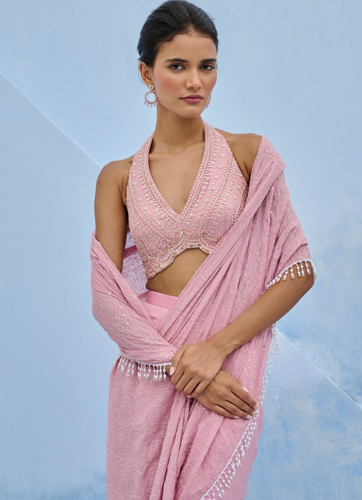 Blush Pink Georgette Predraped Saree Set Chamee and Palak - Fabilicious Fashion