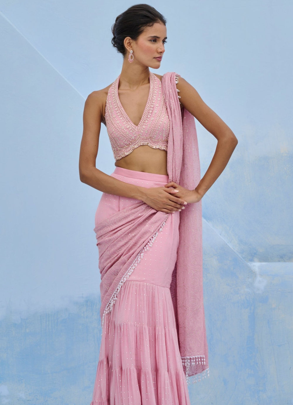 Blush Pink Georgette Predraped Saree Set Chamee and Palak - Fabilicious Fashion