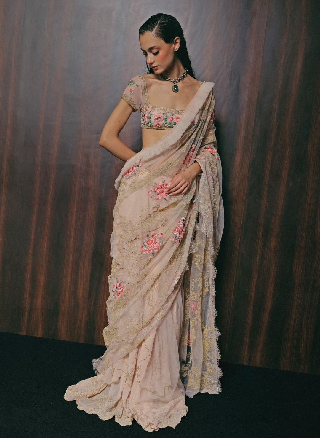 The Little Black Bow Blush Pink Georgette Silk Pre-Draped SareeFabilicious Fashion