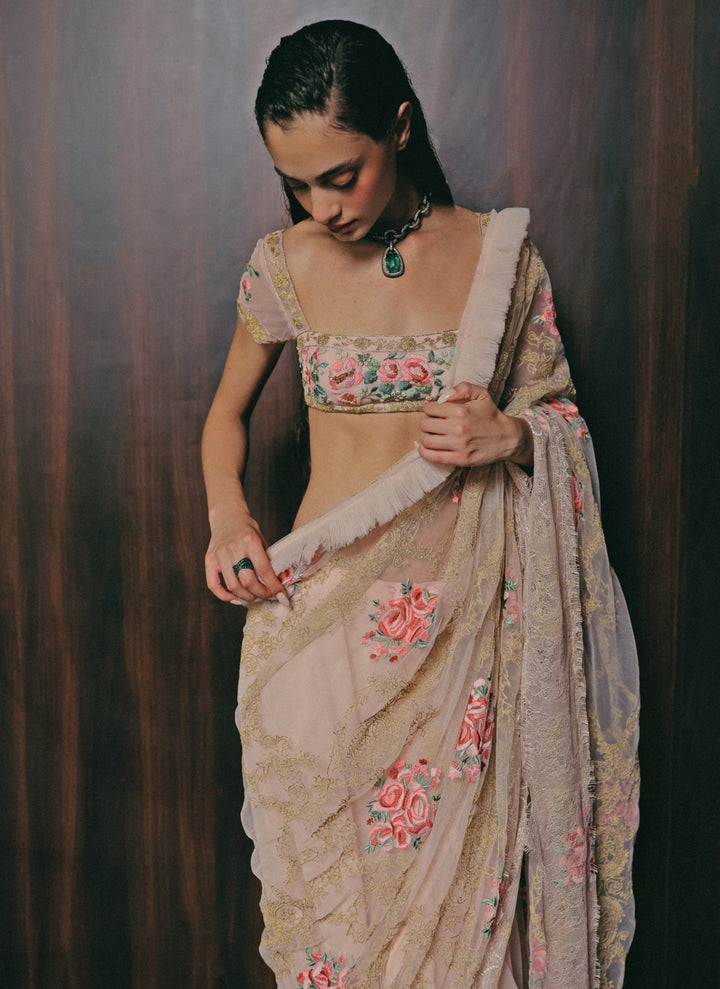 The Little Black Bow Blush Pink Georgette Silk Pre-Draped SareeFabilicious Fashion