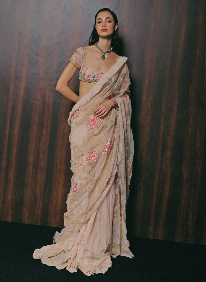 The Little Black Bow Blush Pink Georgette Silk Pre-Draped SareeFabilicious Fashion