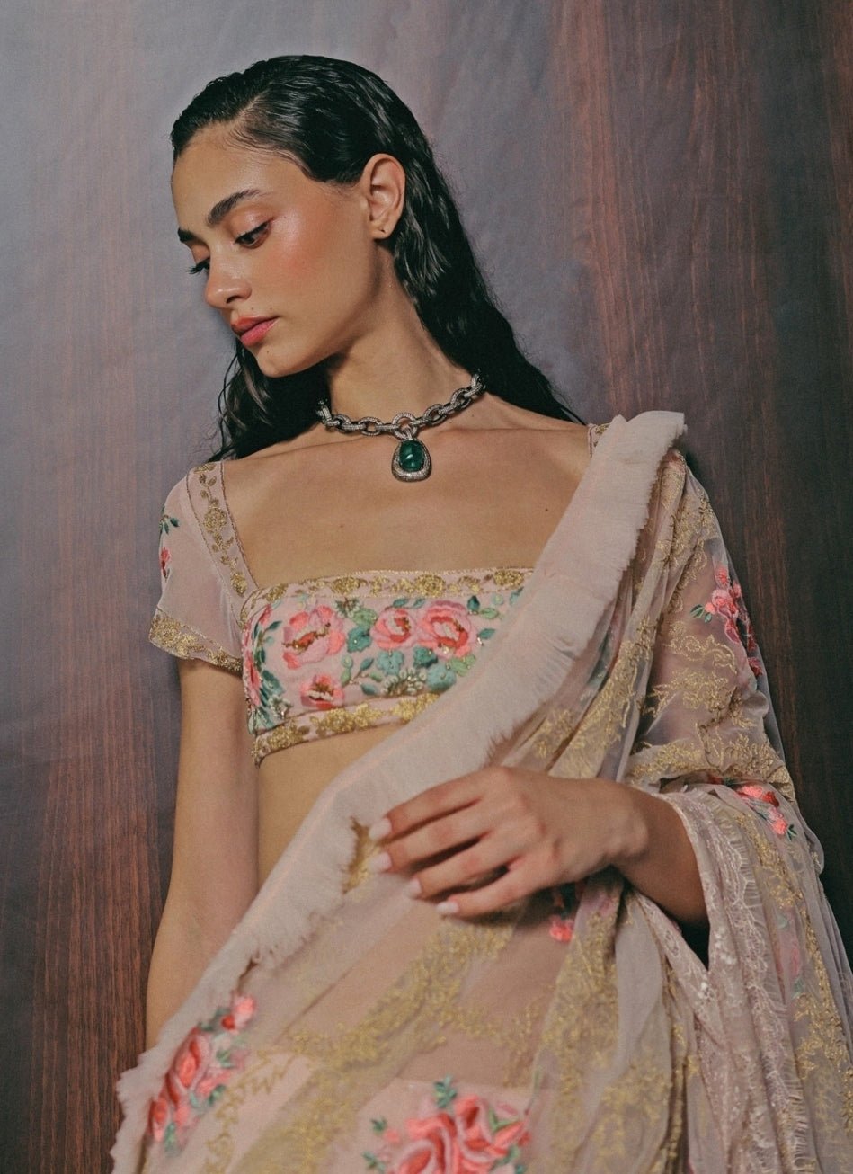 The Little Black Bow Blush Pink Georgette Silk Pre-Draped SareeFabilicious Fashion
