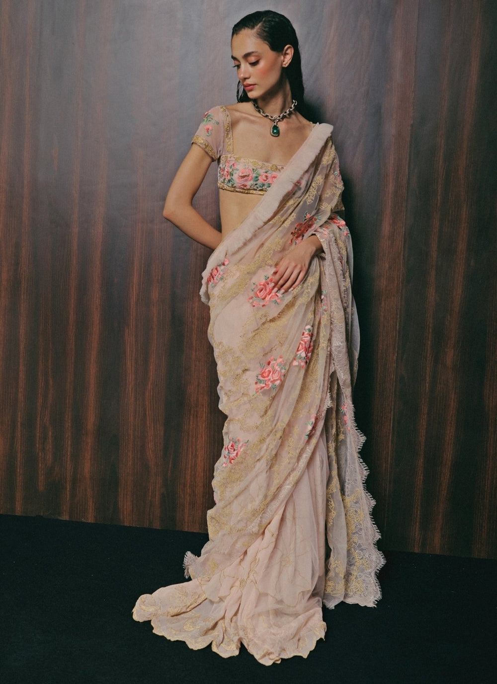 The Little Black Bow Blush Pink Georgette Silk Pre-Draped SareeFabilicious Fashion