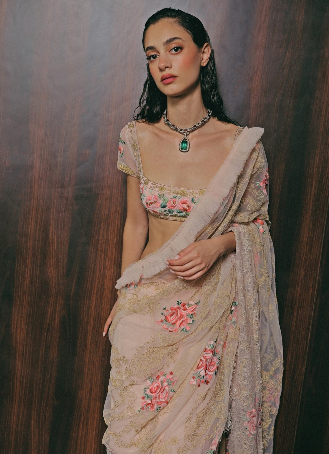 The Little Black Bow Blush Pink Georgette Silk Pre-Draped SareeFabilicious Fashion