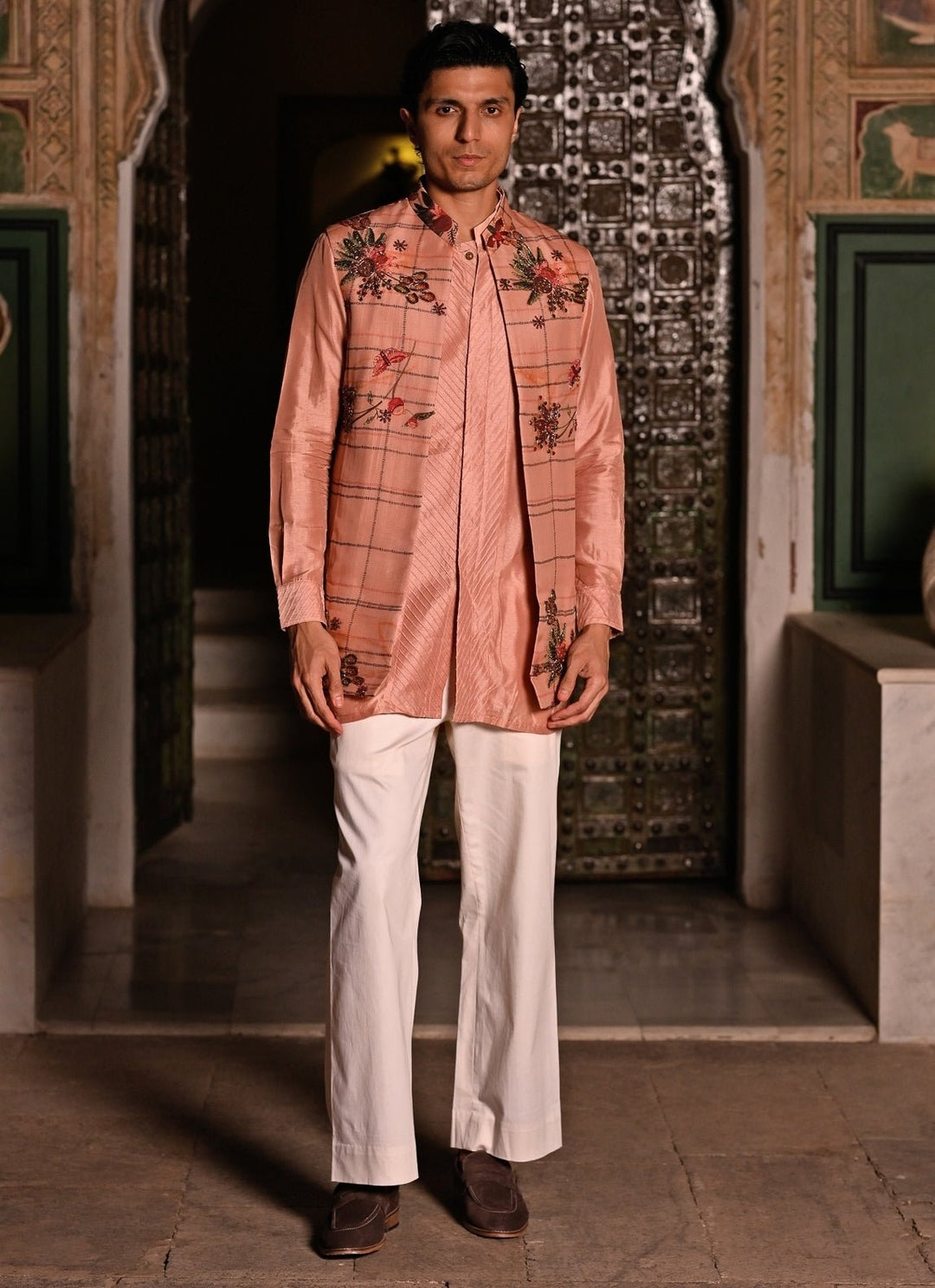 Juhi Bengani - Men Blush Pink Kurta Set with Printed Organza Half JacketFabilicious Fashion