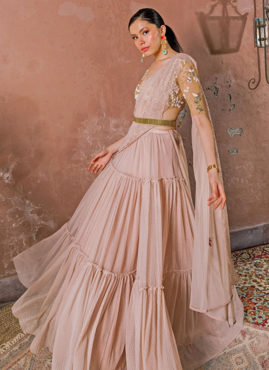 The Little Black Bow Blush Pink Lace Lehenga Set With Nude Gold BlouseFabilicious Fashion