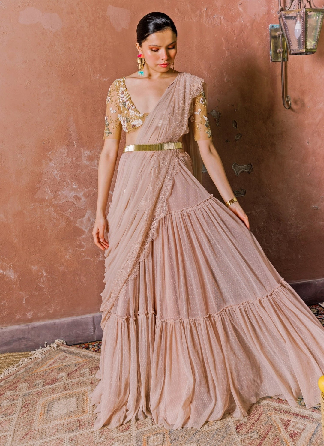 The Little Black Bow Blush Pink Lace Lehenga Set With Nude Gold BlouseFabilicious Fashion