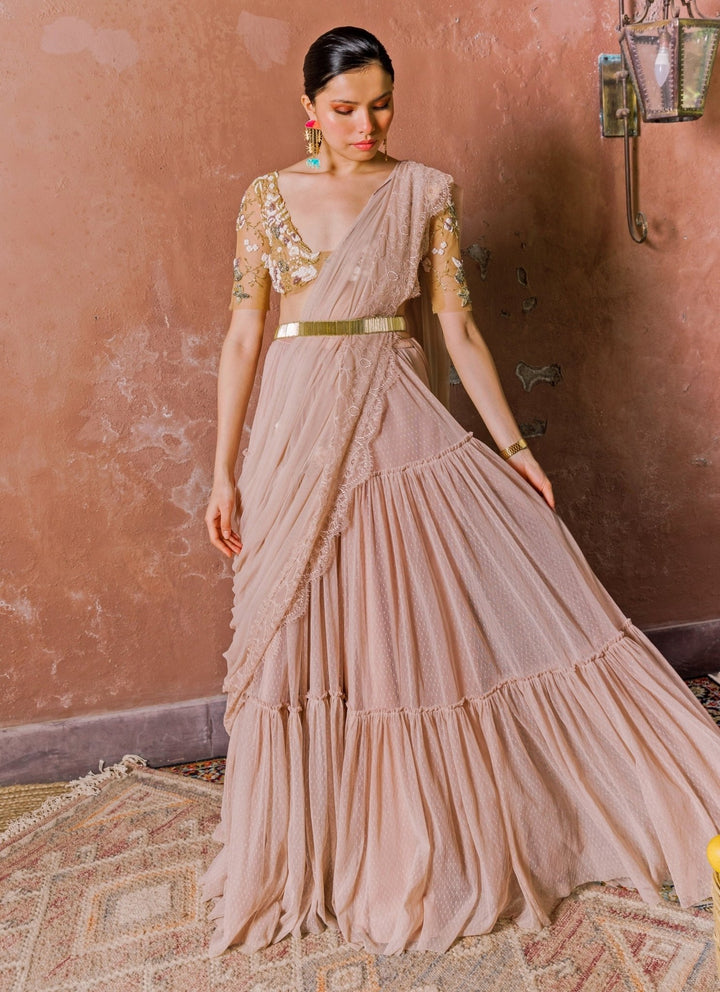 The Little Black Bow Blush Pink Lace Lehenga Set With Nude Gold BlouseFabilicious Fashion