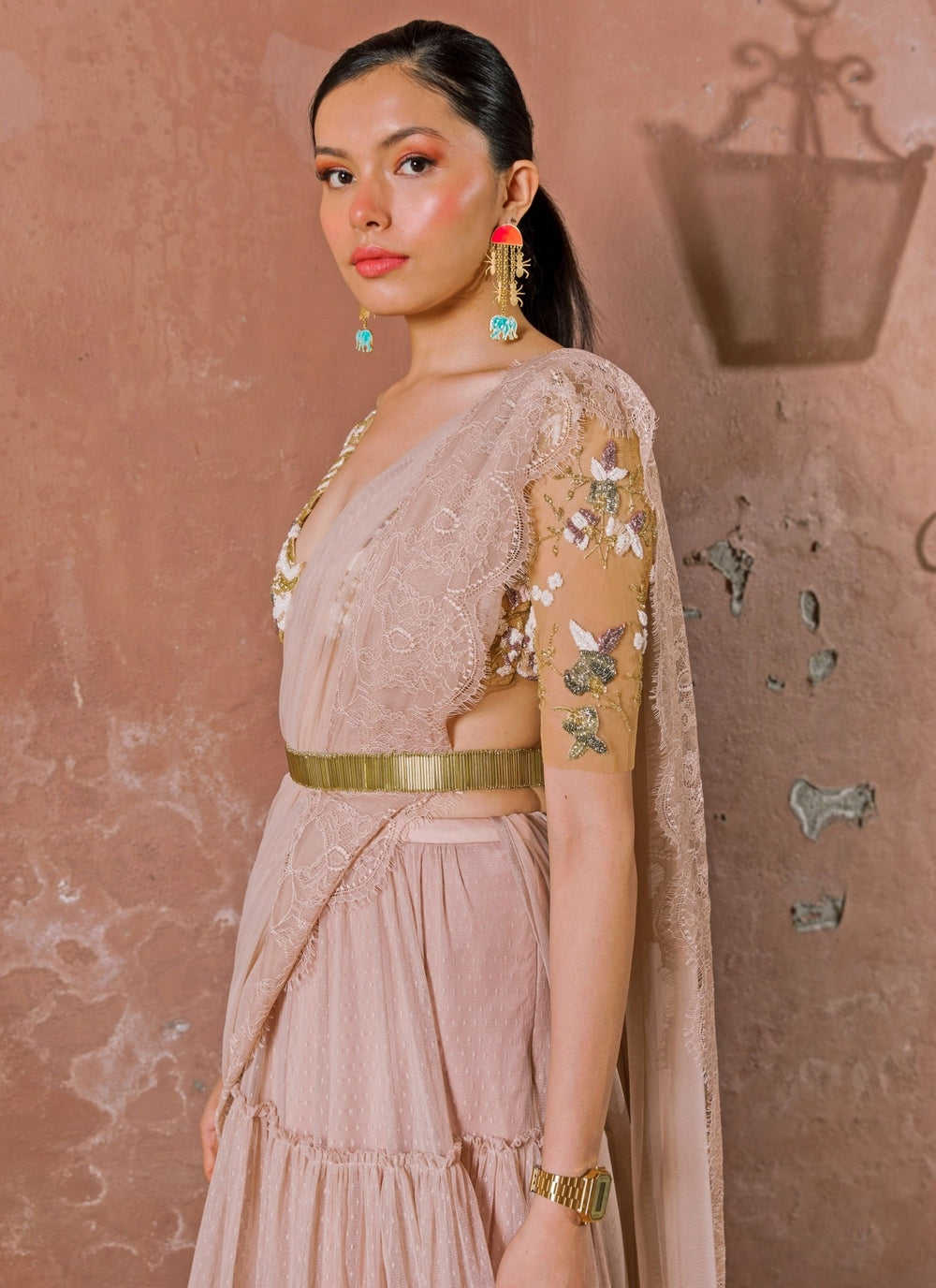 The Little Black Bow Blush Pink Lace Lehenga Set With Nude Gold BlouseFabilicious Fashion