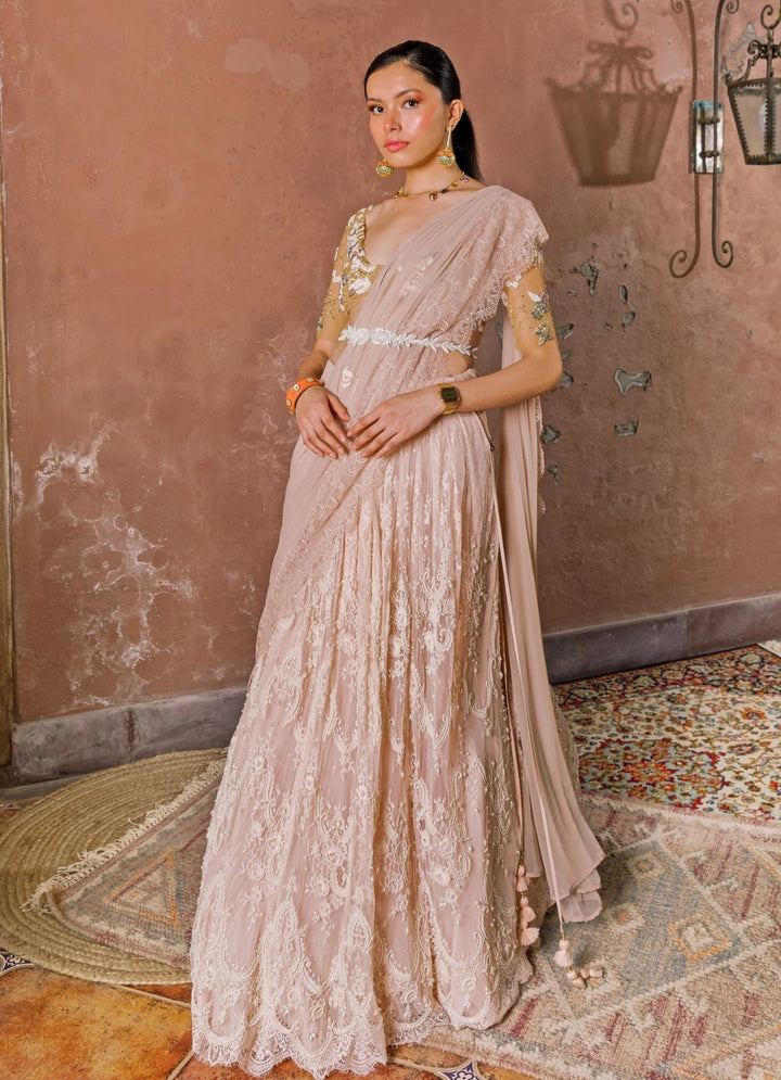 The Little Black Bow Blush Pink Lace Lehenga Set With Nude Gold BlouseFabilicious Fashion