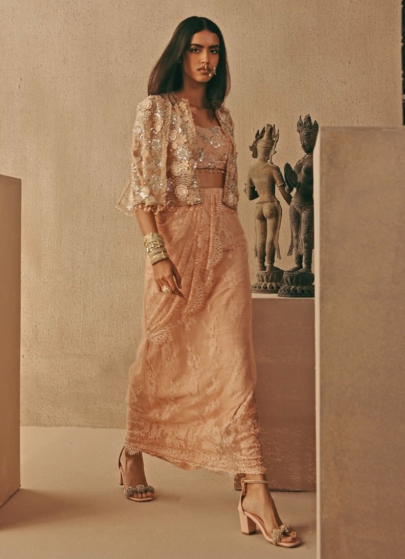 Blush Pink Lace Pick Up Skirt Set With Jacket Twenty Nine - Fabilicious Fashion