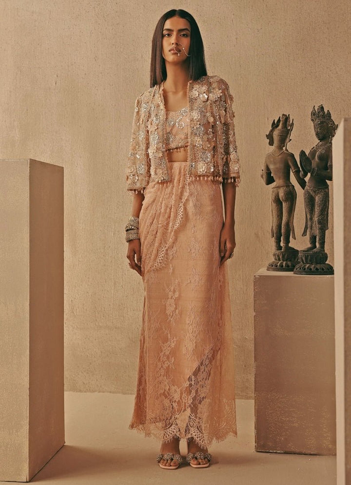 Blush Pink Lace Pick Up Skirt Set With Jacket Twenty Nine - Fabilicious Fashion