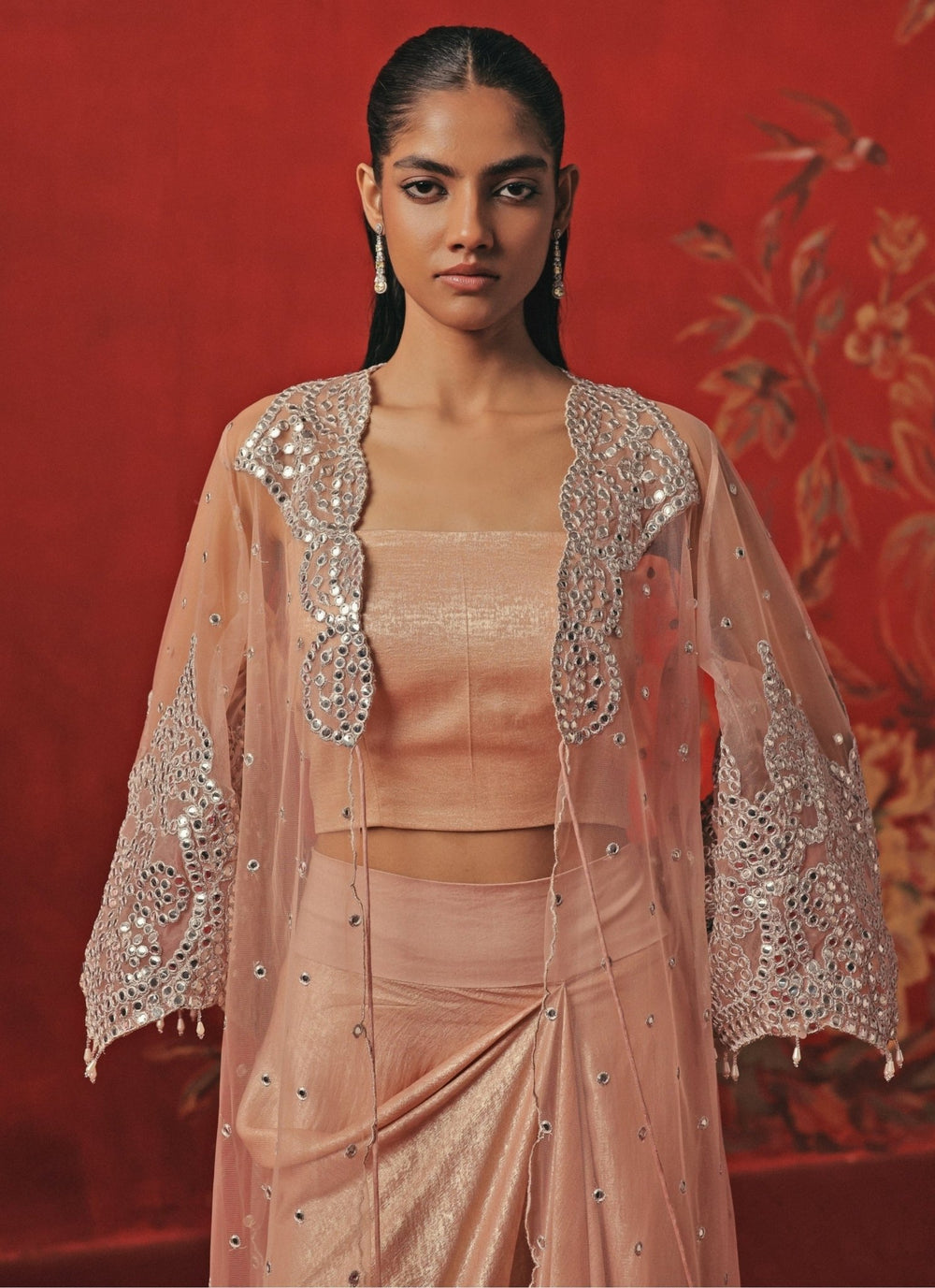 Twenty Nine Blush Pink Lycra Drape Skirt Set With CapeFabilicious Fashion