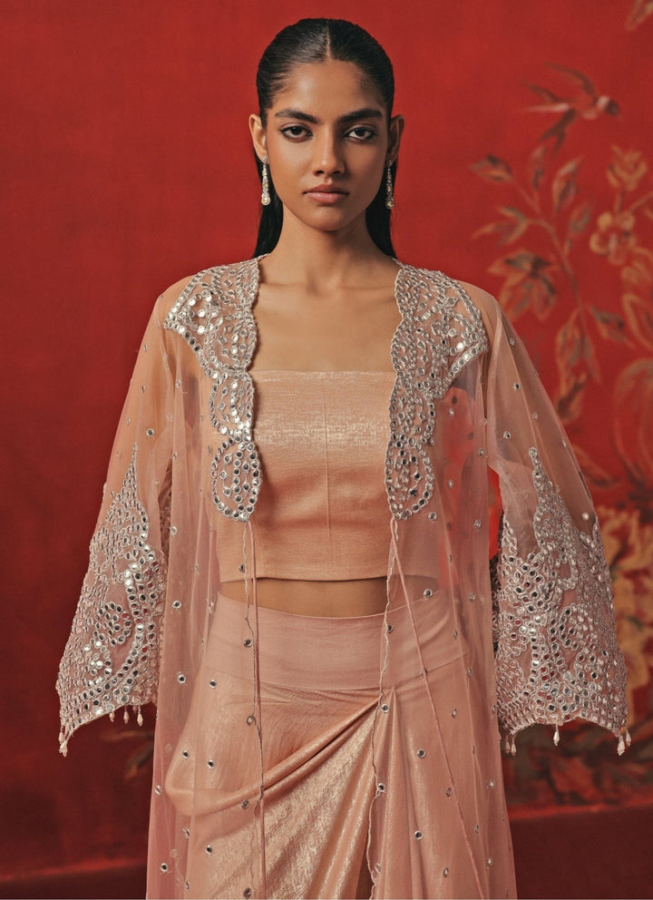 Twenty Nine Blush Pink Lycra Drape Skirt Set With CapeFabilicious Fashion