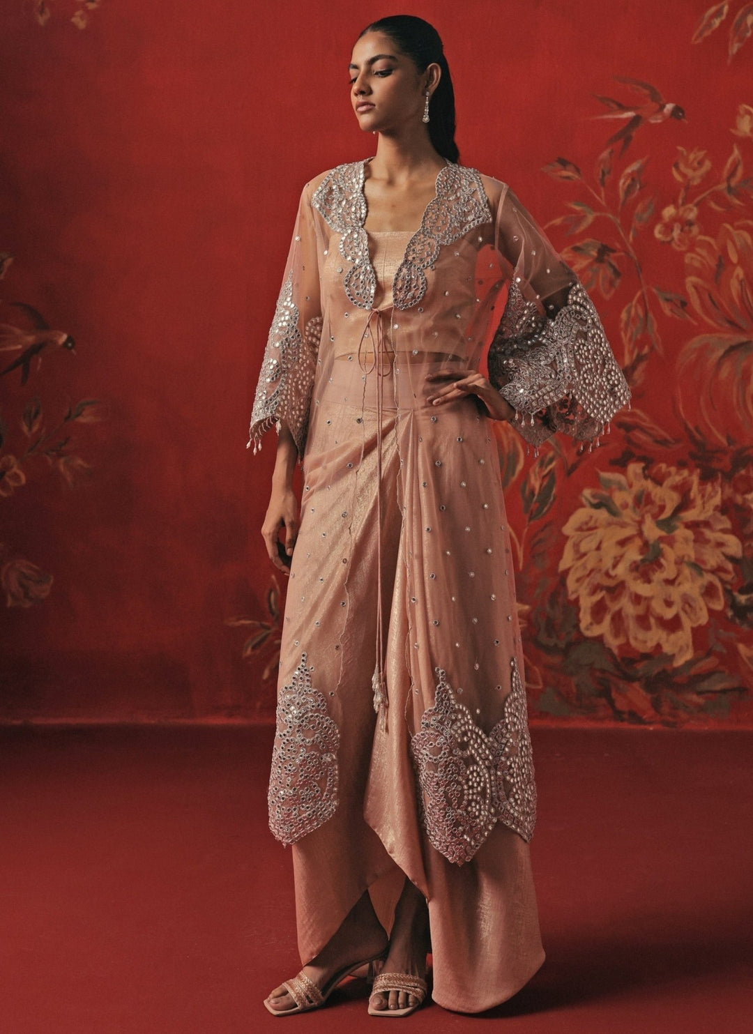 Twenty Nine Blush Pink Lycra Drape Skirt Set With CapeFabilicious Fashion