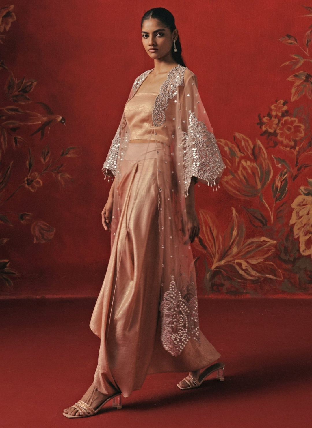 Twenty Nine Blush Pink Lycra Drape Skirt Set With CapeFabilicious Fashion