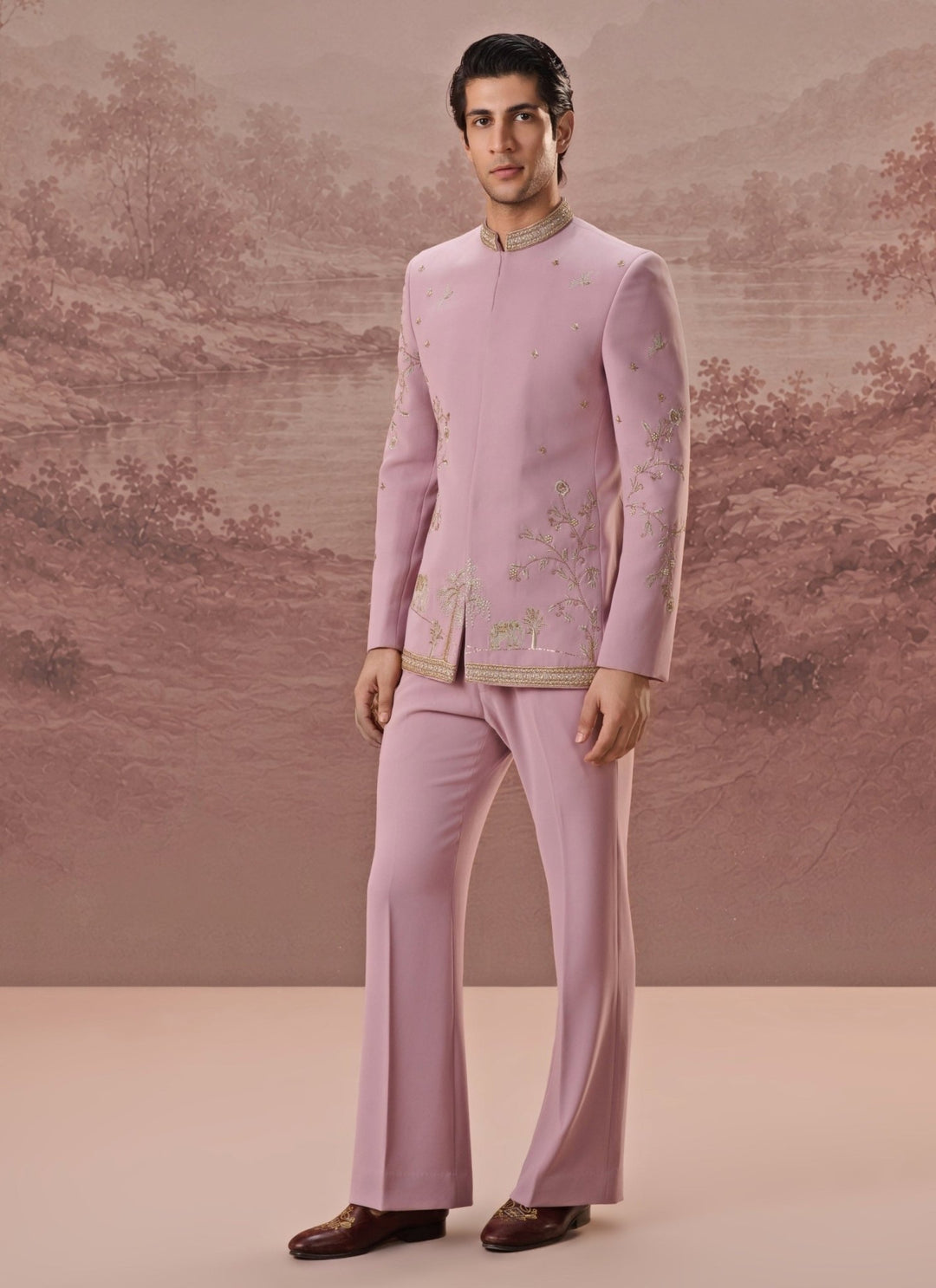 Contrast by Parth Blush Pink Lycra Suiting Bandhgala SetFabilicious Fashion