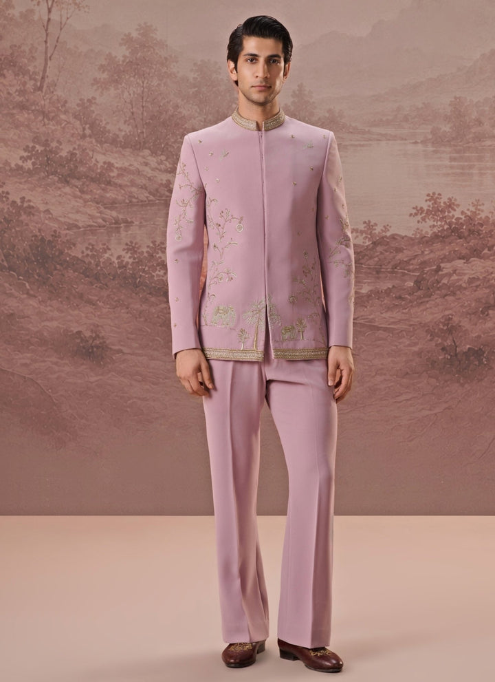 Contrast by Parth Blush Pink Lycra Suiting Bandhgala SetFabilicious Fashion