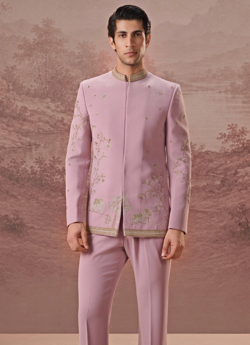 Contrast by Parth Blush Pink Lycra Suiting Bandhgala SetFabilicious Fashion