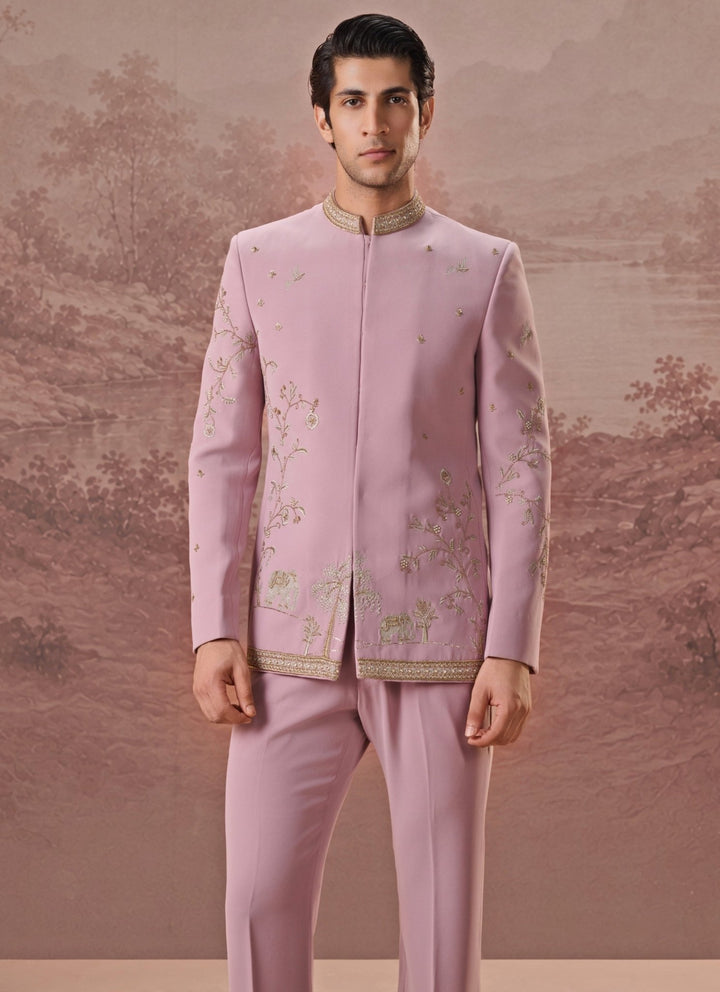 Contrast by Parth Blush Pink Lycra Suiting Bandhgala SetFabilicious Fashion