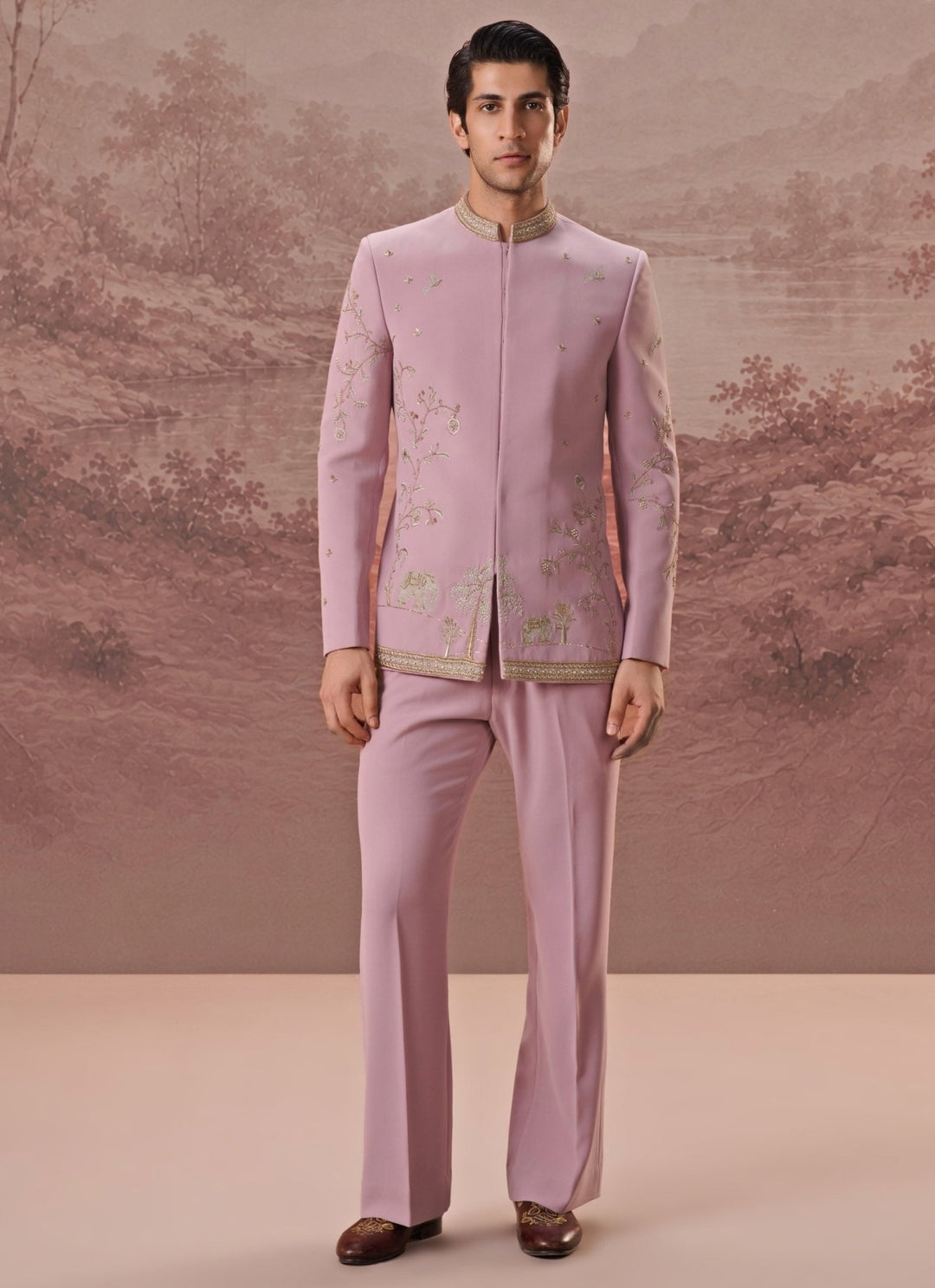 Contrast by Parth Blush Pink Lycra Suiting Bandhgala SetFabilicious Fashion