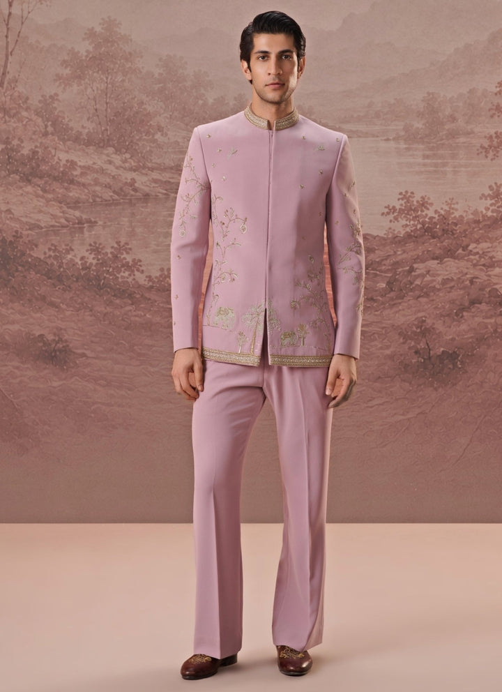 Contrast by Parth Blush Pink Lycra Suiting Bandhgala SetFabilicious Fashion