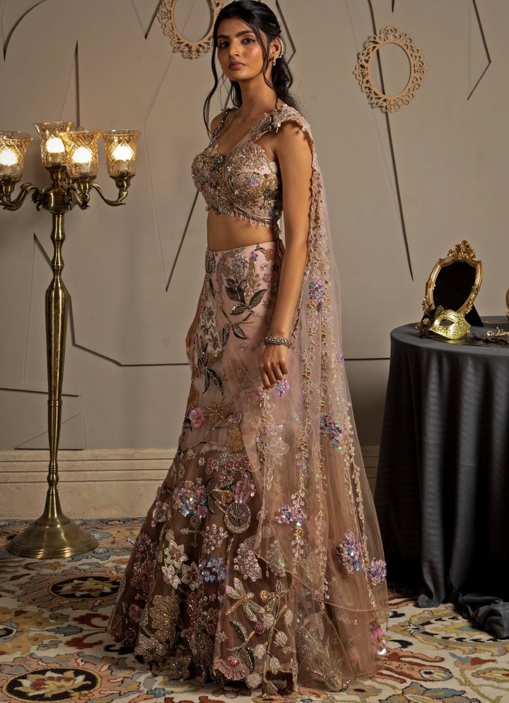 Blush Pink Ombre Embroidered Fish Cut Lehenga Set With Pallu Moledro - Fabilicious Fashion