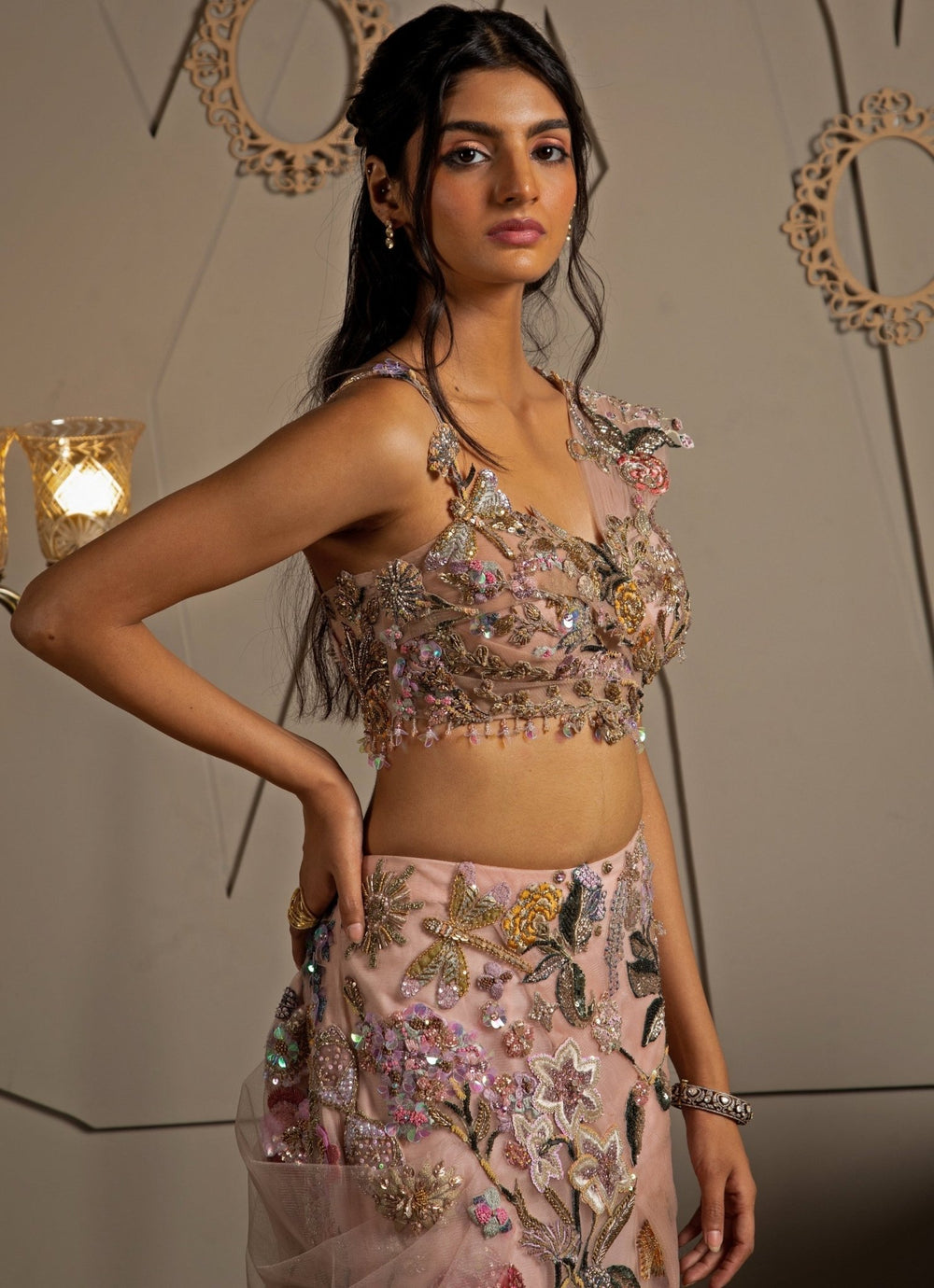 Blush Pink Ombre Embroidered Fish Cut Lehenga Set With Pallu Moledro - Fabilicious Fashion