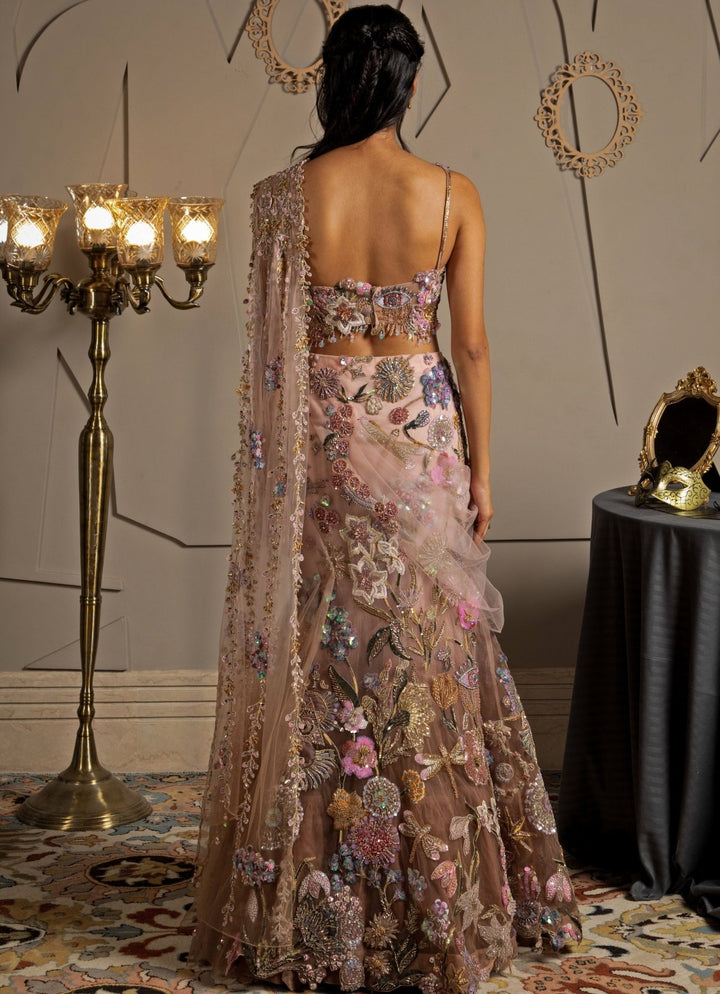 Blush Pink Ombre Embroidered Fish Cut Lehenga Set With Pallu Moledro - Fabilicious Fashion