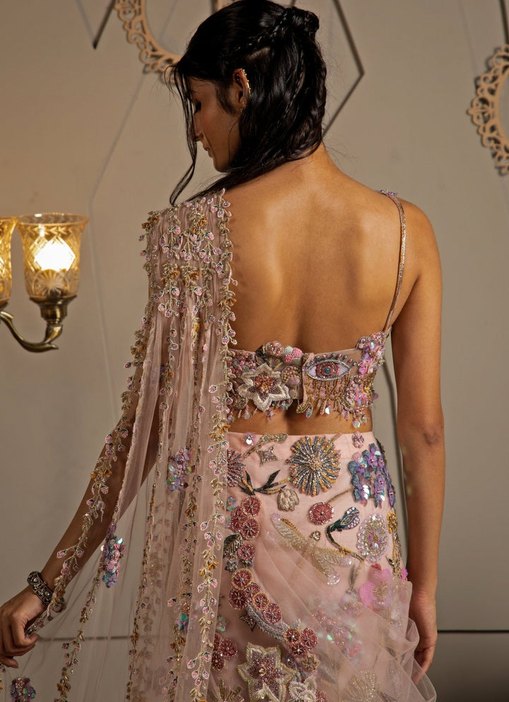 Blush Pink Ombre Embroidered Fish Cut Lehenga Set With Pallu Moledro - Fabilicious Fashion