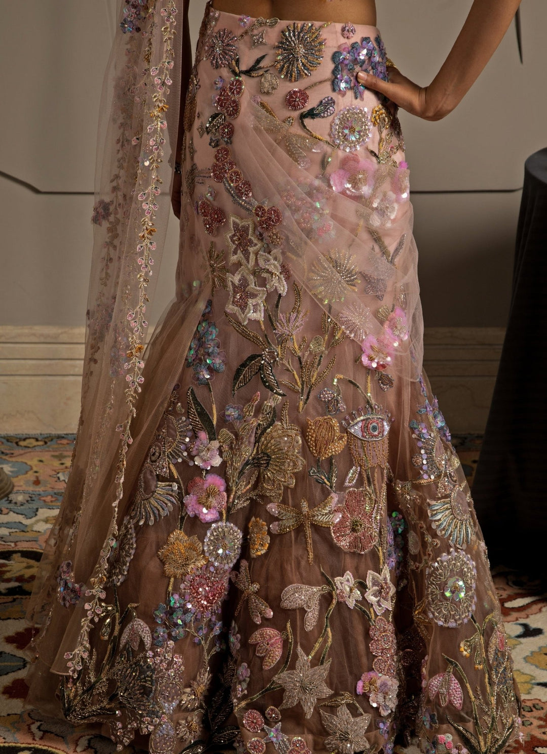 Blush Pink Ombre Embroidered Fish Cut Lehenga Set With Pallu Moledro - Fabilicious Fashion