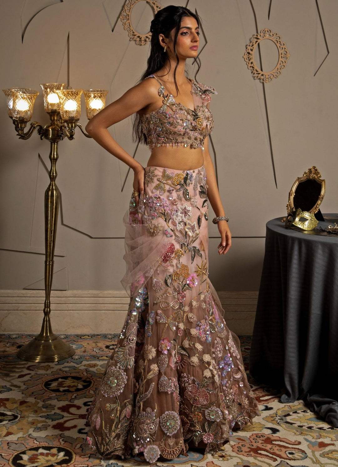 Blush Pink Ombre Embroidered Fish Cut Lehenga Set With Pallu Moledro - Fabilicious Fashion