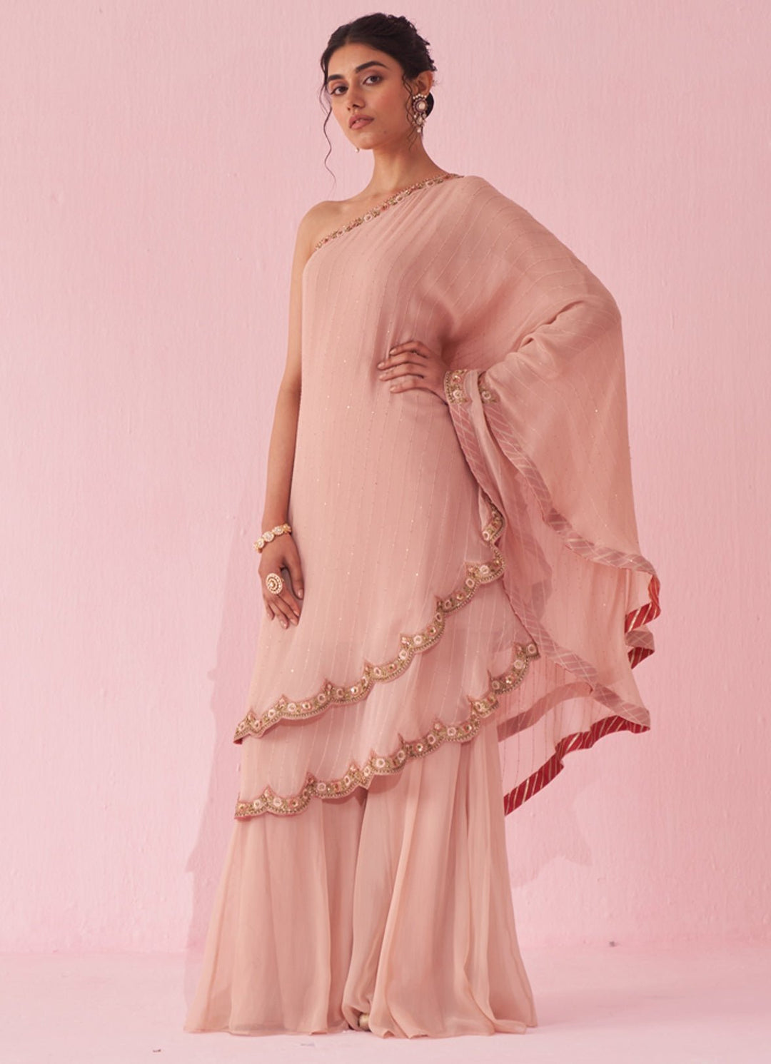 Blush Pink One Shoulder Kurta Sharara Set Studio Bagechaa - Fabilicious Fashion