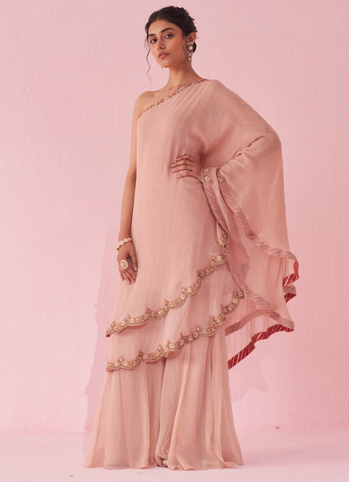 Blush Pink One Shoulder Kurta Sharara Set Studio Bagechaa - Fabilicious Fashion
