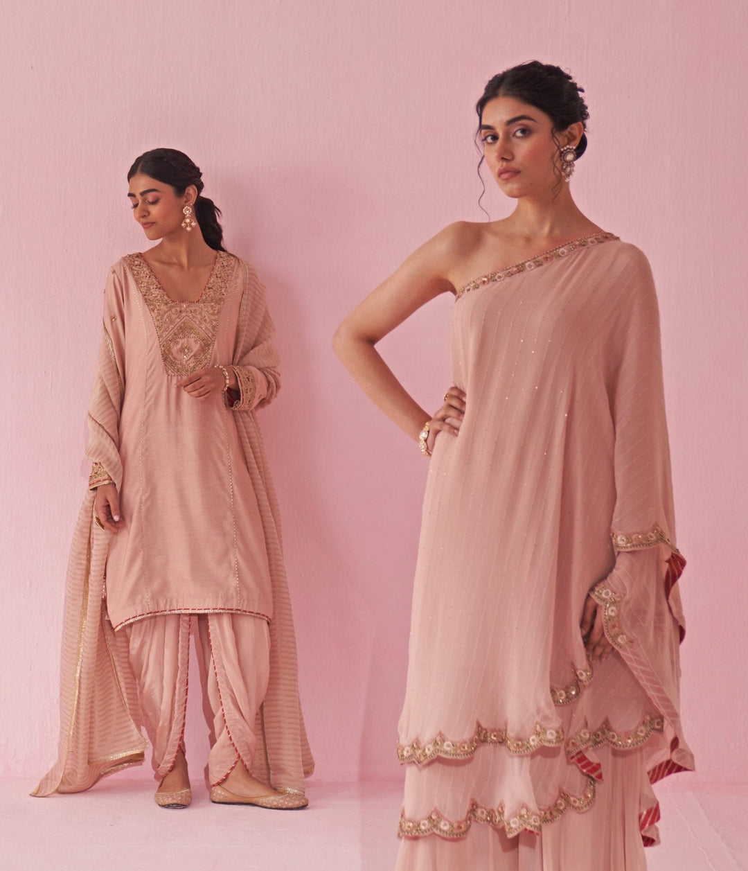 Blush Pink One Shoulder Kurta Sharara Set Studio Bagechaa - Fabilicious Fashion