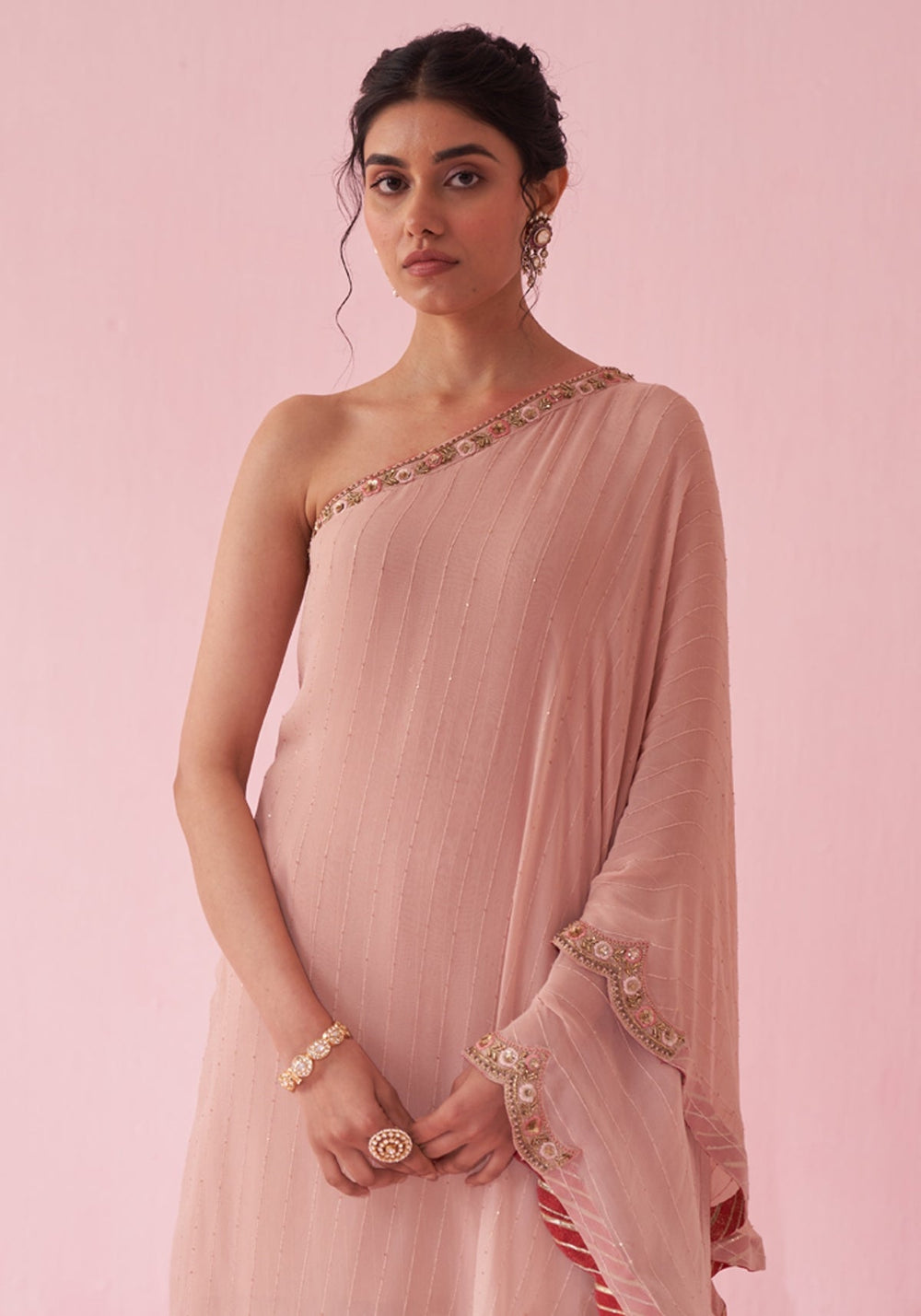 Blush Pink One Shoulder Kurta Sharara Set Studio Bagechaa - Fabilicious Fashion