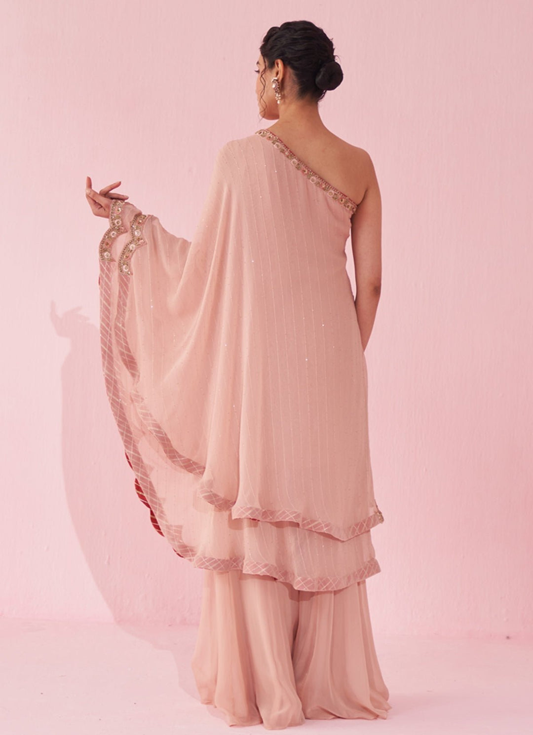 Blush Pink One Shoulder Kurta Sharara Set Studio Bagechaa - Fabilicious Fashion