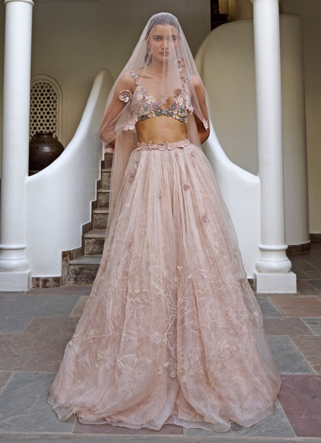 The Little Black Bow Blush Pink Organza Bridal Lehenga SetFabilicious Fashion