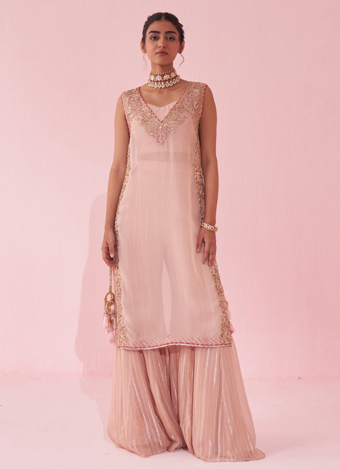 Blush Pink Organza Embroidered Kurta Sharara Set Studio Bagechaa - Fabilicious Fashion