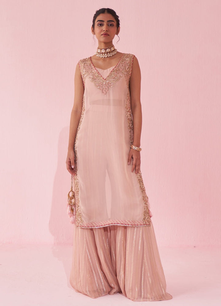 Blush Pink Organza Embroidered Kurta Sharara Set Studio Bagechaa - Fabilicious Fashion
