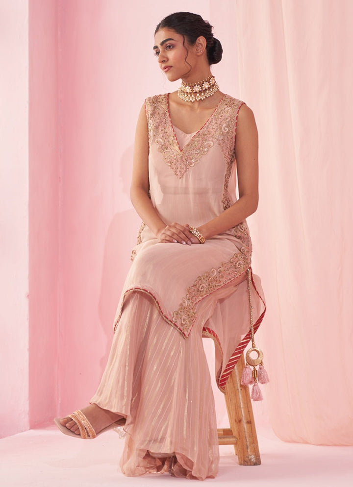 Blush Pink Organza Embroidered Kurta Sharara Set Studio Bagechaa - Fabilicious Fashion