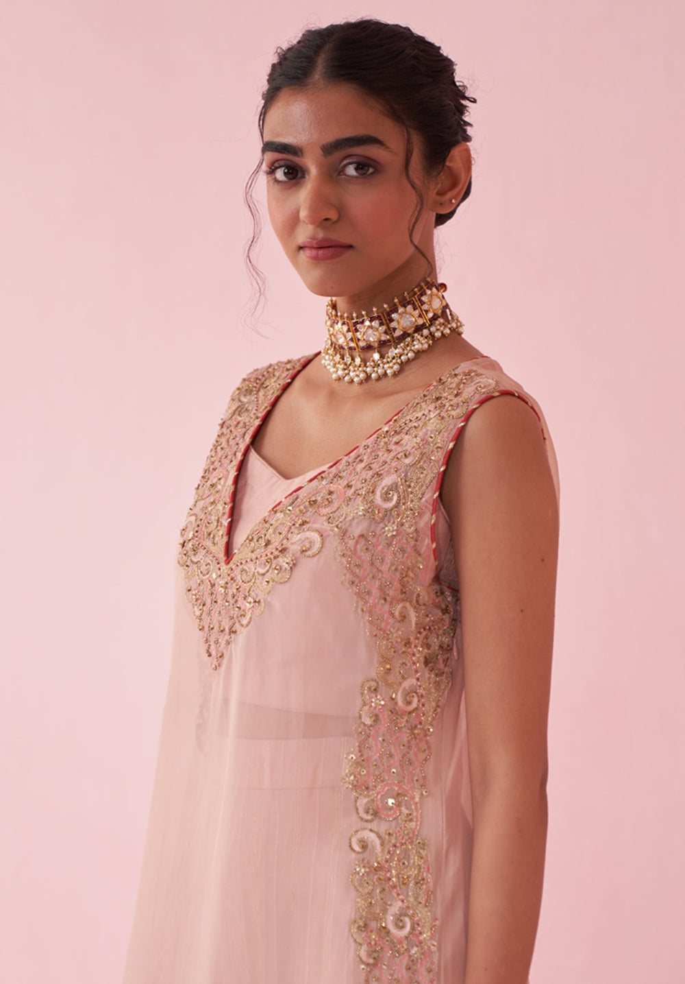 Blush Pink Organza Embroidered Kurta Sharara Set Studio Bagechaa - Fabilicious Fashion