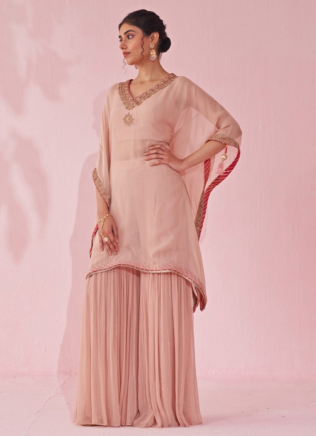 Blush Pink Organza Kaftan Sharara Set Studio Bagechaa - Fabilicious Fashion